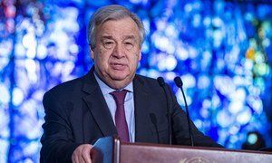 The UN Secretary-General António Guterres addresses staff at a wreath-laying ceremony at UN Headquarters in New York for colleagues who died in the crash of Ethiopian Airlines Flight ET302. (15 March 2019)