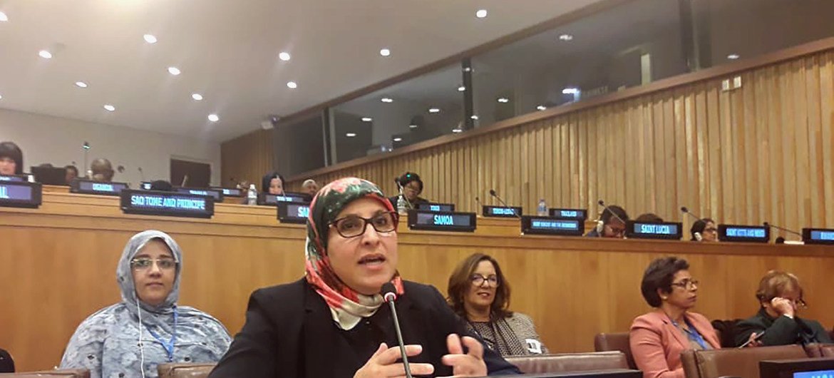 السيدة بسيمة الحقاوي، وزيرة الأسرة والتضامن والمساواة والتنمية الاجتماعية في المغرب، أثناء مشاركتها ضمن وفد بلادها في أعمال الدورة الثالثة والستين للجنة وضع المرأة.