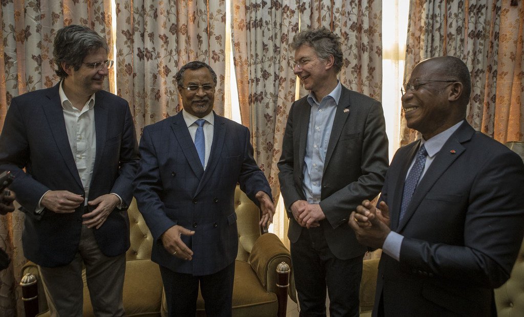 François Delattre, Ambassadeur de France à l’ONU ; Mahamat Saleh Annadif, chef de la MINUSMA ; Christoph Heugsen, Ambassadeur d’Allemagne à l’ONU et Kakou Houadja Léon Adom, Ambassadeur de Côte d’Ivoire à l’ONU à Bamako, au Mali