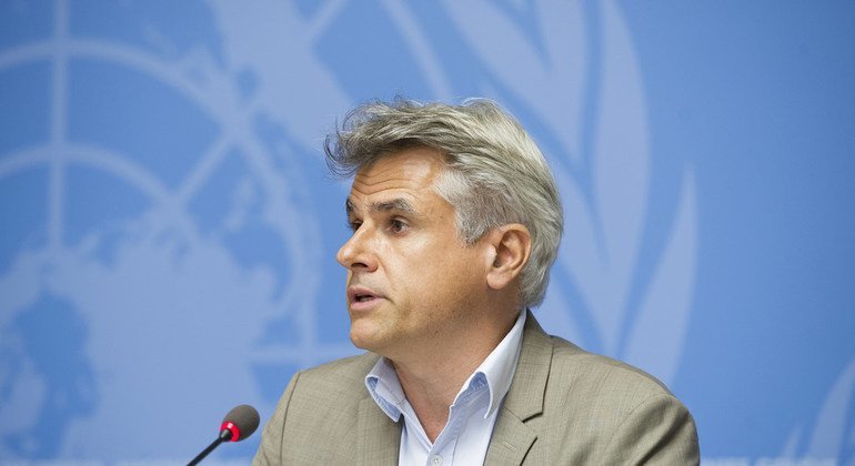 UNICEF's Spokesperson, Christophe Boulierac, briefs the press, at the Palais des Nations, in Geneva.