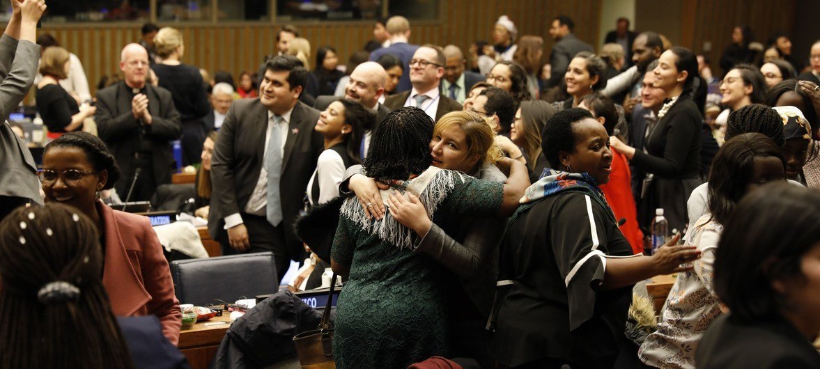 Participants celebrate as the UN Commission on the Status of Women successfully wraps up its 63rd session at UN Headquarters in New York. 