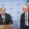 Secretário-geral, António Guterres, com chefe humanitário da ONU, Mark Lowcok, na sede das Nações Unidas em Nova Iorque