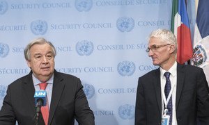Secretário-geral, António Guterres, com chefe humanitário da ONU, Mark Lowcok, na sede das Nações Unidas em Nova Iorque