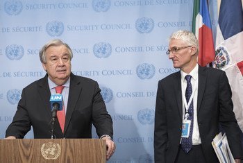 Secretário-geral, António Guterres, com chefe humanitário da ONU, Mark Lowcok, na sede das Nações Unidas em Nova Iorque