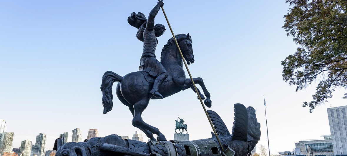 A view of the sculpture - Good Defeats Evil - on the UN Headquarters grounds, presented to the UN by the Soviet Union on the occasion of the Organization’s 45th anniversary. 