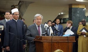 UN Secretary-General António Guterres speaking at the al-Azhar Mosque in Cairo in April 2019, where he underscored the need to fight Islamophobia and all forms of hatred and bigotry. 