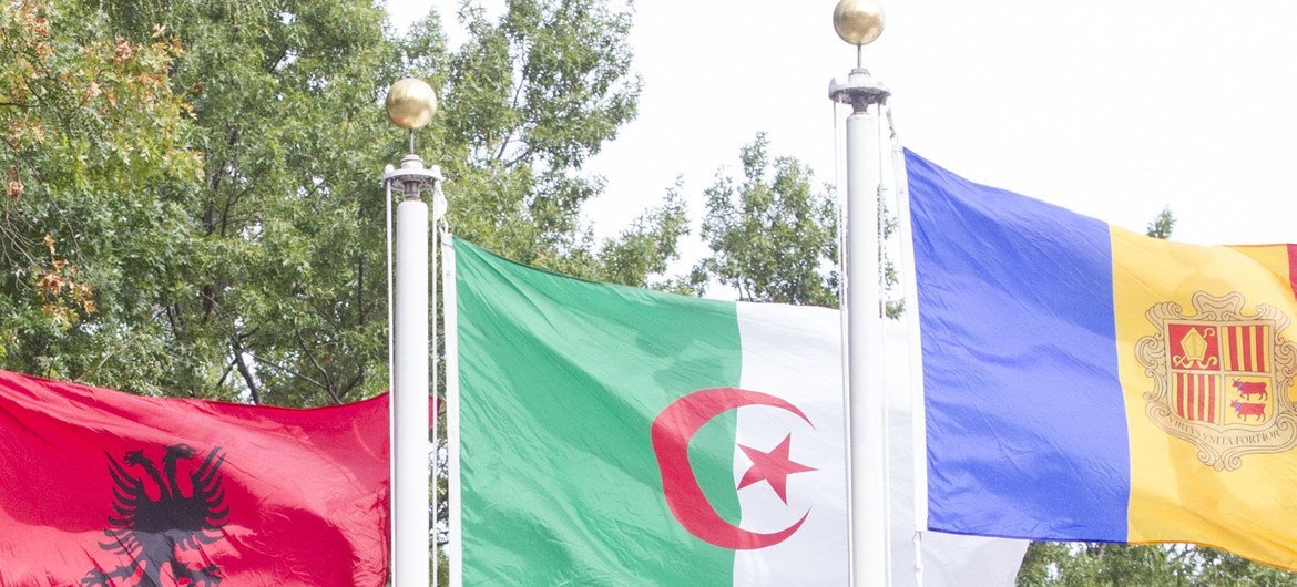 The flag of Algeria (centre) flying at United Nations headquarters in New York..