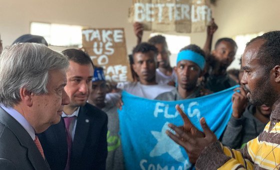 UN Secretary-General António Guterres visiting a detention centre for refugees and migrants inTripoli, Libya (April 2019).