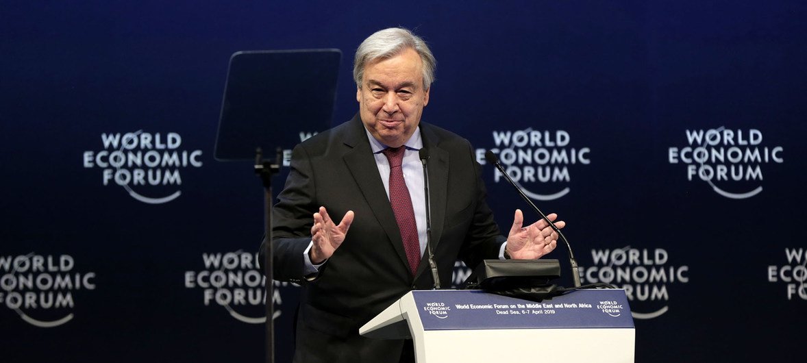 Secretary General António Guterres addresses the World Economic Forum at the Dead Sea, Jordan. 6 April, 2019.