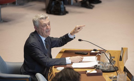 El Alto Comisionado de la ONU para los Refugiados, Filipo Grandi, habla en el Consejo de Seguridad.