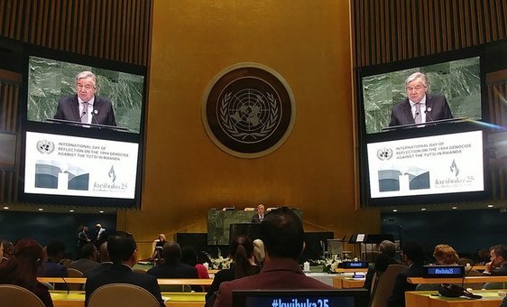 UN Secretary-General António Guterres addresses the Commemoration of the International Day of Reflection on the 1994 Genocide against the Tutsi in Rwanda in the General Assembly Hall, April 2019.