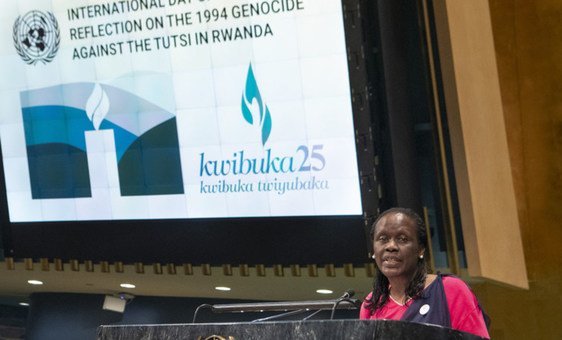 Esther Mujawayo-Keiner, survivor of the 1994 Genocide against the Tutsi in Rwanda, shares her story during the International Day of Reflection, 2019