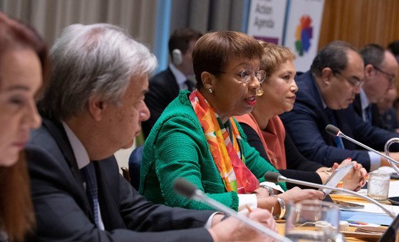 Inga Rhonda King (centre), seventy-fourth President of the Economic and Social Council (ECOSOC), chairs the Financing for Development Forum of ECOSOC Session 2019. Also pictured (left to right): María Fernanda Espinosa, President of the General Assembly, 