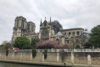 2019年4月16日，在火灾后的巴黎圣母院大教堂。作为大规模整修的一部分，大教堂的一部分仍装有脚手架。