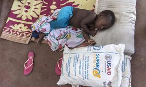 A young boy in Mozambique sleeps next to a bag of food aid donated by USAID and distributed by the UN's World Food Programme.