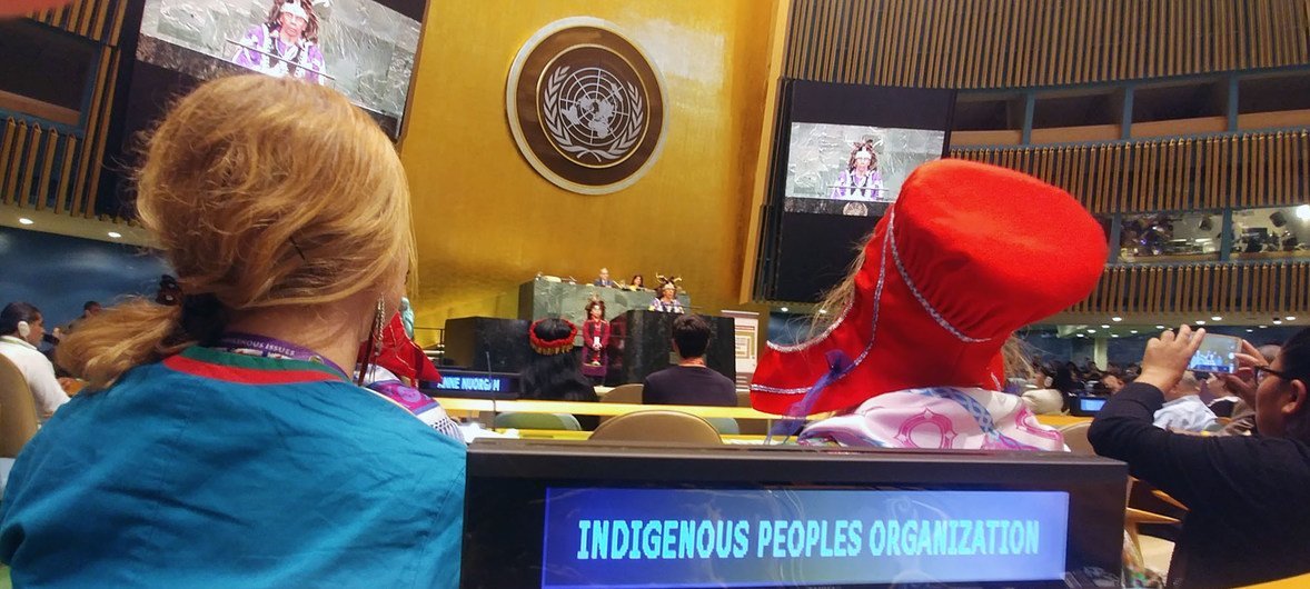 “奥农达加国”（Onondaga Nation）首领斯德希尔（ Tadodaho Sid Hill）在第18届联合国土著问题常设论坛上致开幕词。