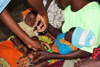The malaria vaccine is administered to a five-month old child at Mkaka in Malawi. (April 2019)