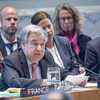 الأمين العام للأمم المتحدة أنطونيو غوتيريش أثناء إلقاء كلمته أمام جلسة مجلس الأمن المفتوحة حول العنف الجنسي المرتبط بالصراعات 