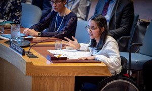 Nujeen Mustafa, wheelchair-bound Syrian refugee and advocate for refugee youth, addresses the Security Council meeting on the situation in Syria.