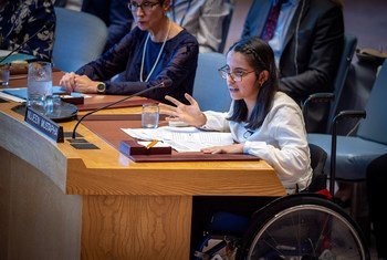 Nujeen Mustafa, wheelchair-bound Syrian refugee and advocate for refugee youth, addresses the Security Council meeting on the situation in Syria.