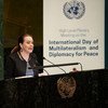 María Fernanda Espinosa Garcés, Présidente de la soixante-treizième session de l'Assemblée générale, prend la parole devant les Etats membres de l'ONU lors de la Journée internationale du multilatéralisme et de la diplomatie pour la paix. (avril 2019)