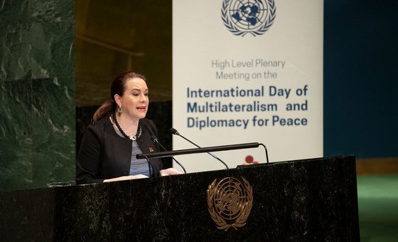 María Fernanda Espinosa Garcés, President of the seventy-third session of the General Assembly, addresses the General Assembly meeting to commemorate and promote the International Day of Multilateralism and Diplomacy for Peace. (April 2019)