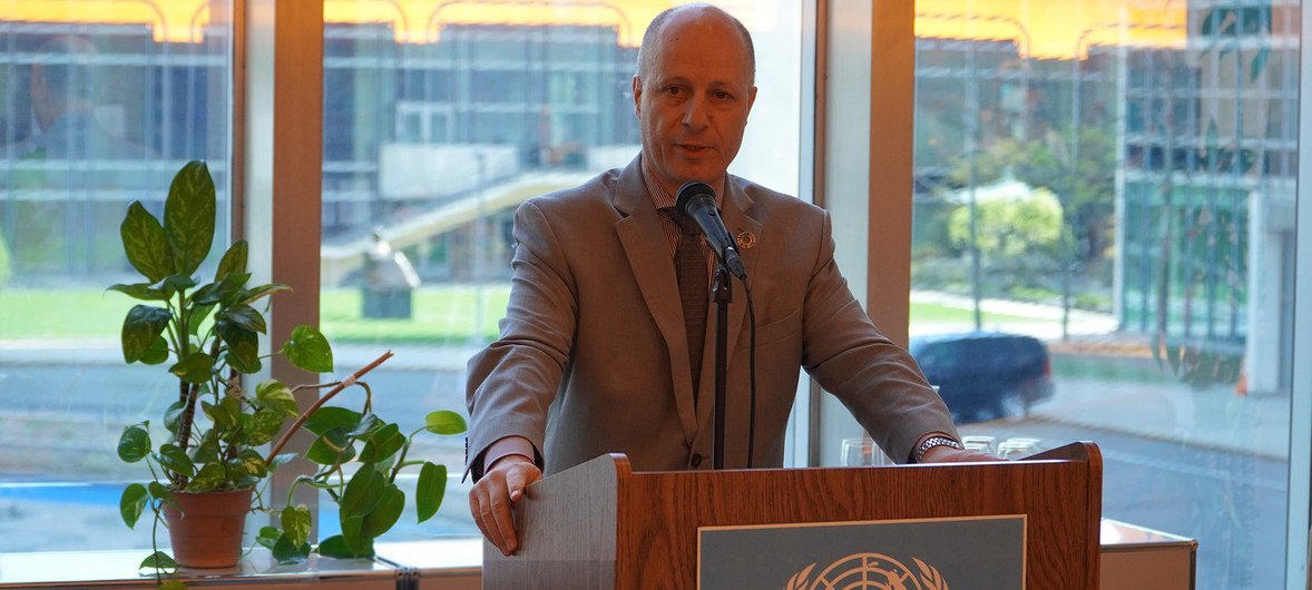 联合国全球传播部外联司司长马希尔·纳赛尔(Maher Nasser)在“联合国文献回家省亲展”开幕式上致辞。