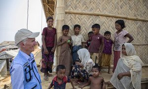 Emergency Relief Coordinator, Mark Lowcock with a group of Rohingya refugees from Myanmar in Kutapalong Refugee Camp, Bangladesh on 26 April 2019.