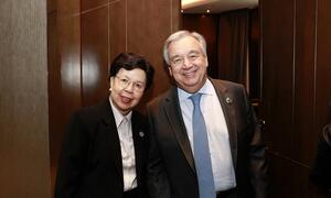 4月26日，联合国秘书长古特雷斯在中国北京举行的第二届一带一路论坛期间会见了世界卫生组织前总干事陈冯富珍。