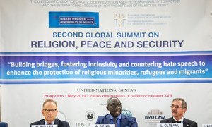 Adama Dieng, UN Special Adviser on the Prevention of Genocide, addresses the Global Summit on Religion, Peace and Security in Geneva. At left is Michael Moeller, UN Director-General in Geneva, and Liviu Olteanu (right) of the International Association for