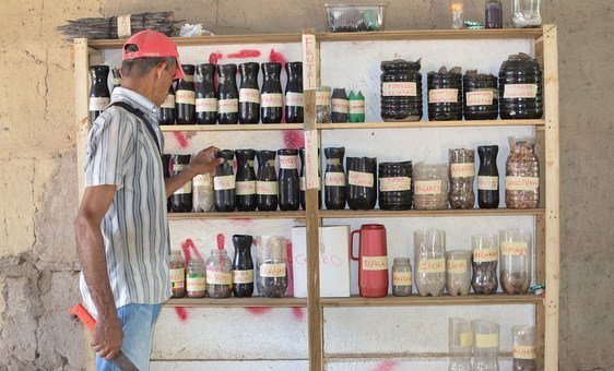 In the community’s newly-built seed bank, bottles are catalogued with species’ names, so that locals can sow, distribute, and exchange them with other communities.