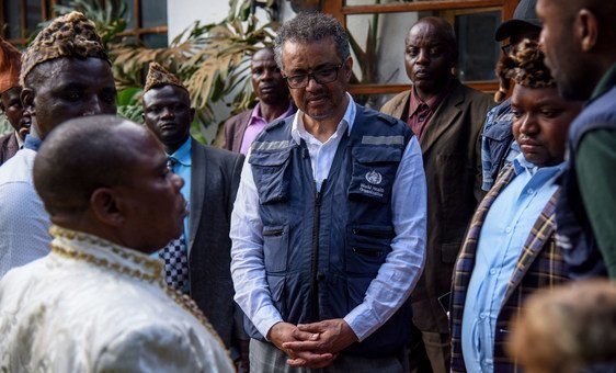 Le Directeur général de l'OMS, le Dr Tedros, lors d'une visite à Butembo, dans l’Est de la RDC (archives).