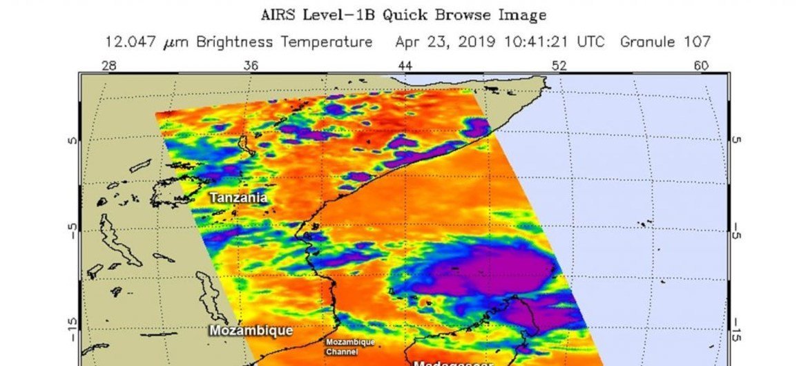 Imagem de satélite da Nasa do ciclone Kenneth a 23 de abril Imagem de satélite da Nasa do ciclone Kenneth a 23 de abril