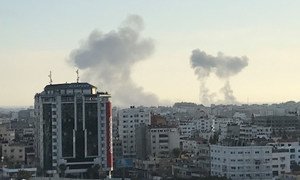 Rimal neighborhood in Central Gaza City. Smoke rising after strikes on the Eastern Part of the city. 4 May, 2019.