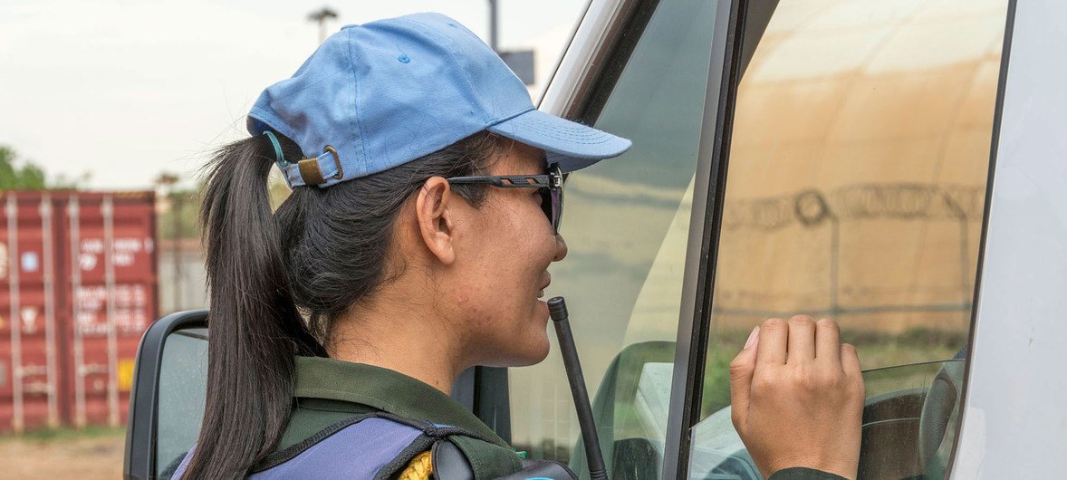 Chief Warrant Officer, Heang Sokl, a member of the Cambodian Military Police, conducts a speed check inside the UNMISS compound in Juba, South Sudan.