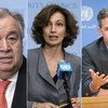 De gauche à droite : António Guterres, Secrétaire général de l'ONU ; Audrey Azoulay, Directrice générale de l'UNESCO ; David Kaye, Rapporteur spécial de l'ONU sur la promotion et la protection du droit à la liberté d’opinion et d’expression.