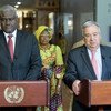 Le Secrétaire général des Nations Unies, António Guterres (à droite) et le Président de la Commission de l'Union africaine, Moussa Faki Mahamat, après une réunion de la conférence annuelle UA-ONU.