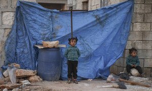 Children and their families living in a makeshift camp in a hard-to-reach area in western rural Aleppo, Syria.