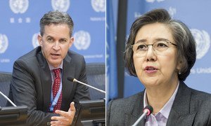 David Kaye, rapporteur spécial sur la promotion et la protection du droit à la liberté d'opinion et d'expression (à gauche) et Yanghee Lee, rapporteur spécial sur la situation des droits de l'homme au Myanmar.