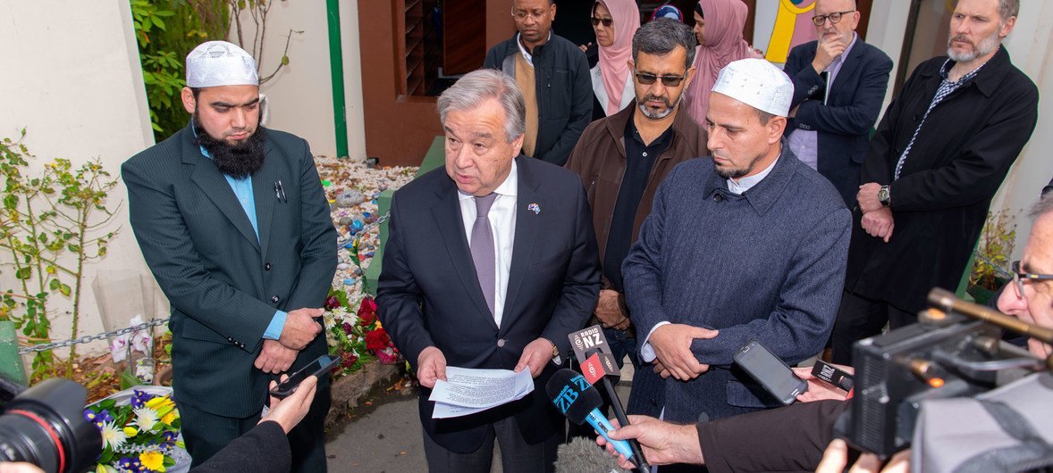 Secretary-General António Guterres speaks to the press after visiting Al Noor Mosque in Christchurch, New Zealand, to pay respects and show solidarity for Ramadan. The Mosque was the first site of two terrorist attacks that took place on 15 March 2019.