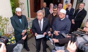 Secretary-General António Guterres speaks to the press after visiting Al Noor Mosque in Christchurch, New Zealand, to pay respects and show solidarity for Ramadan. The Mosque was the first site of two terrorist attacks that took place on 15 March 2019.