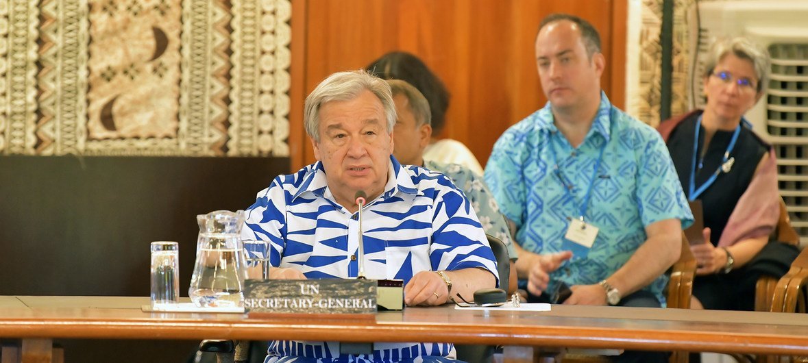 Le Secrétaire général de l'ONU, António Guterres, s'adresse au Forum des îles du Pacifique aux Fidji le 15 mai 2019.
