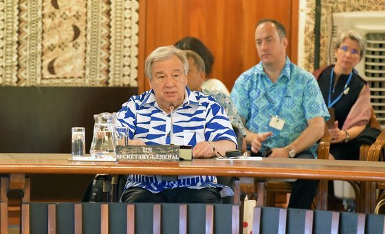 The United Nations Secretary-General António Guterres addresses the Pacific Islands Forum in Fiji on 15 May 2019.