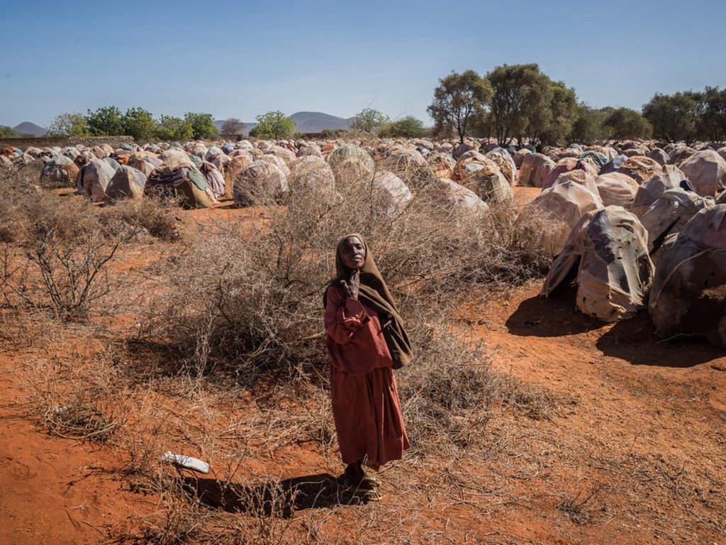 一名老妇人在索马里一个国内流离失所者营地乞讨食物（2017年资料图片）。