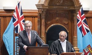 The UN Secretary-General António Guterres address the Fijian Parliament in the capital, Suva, on 16 May 2019.