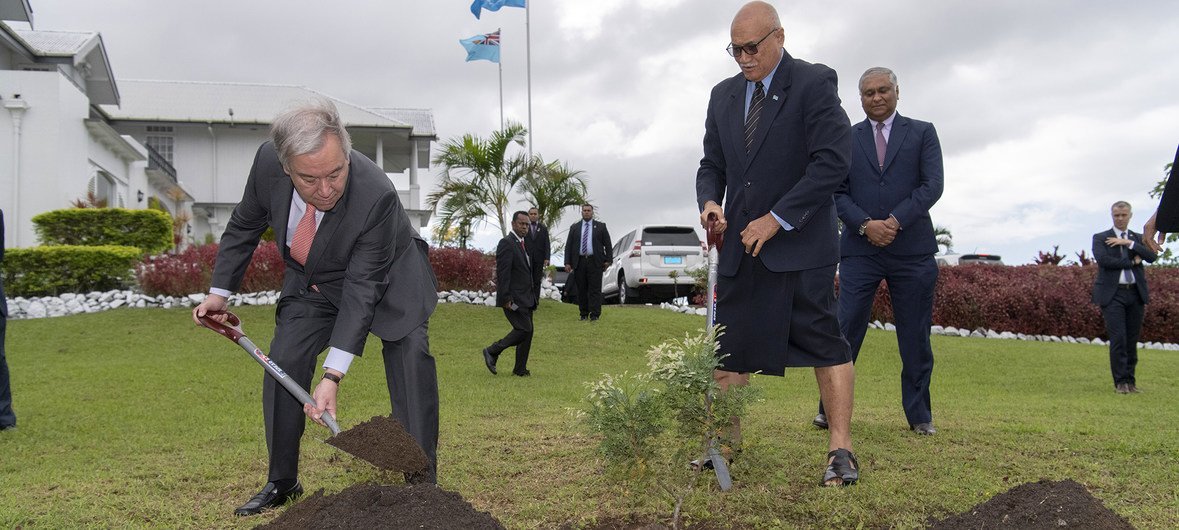 الأمين العام للأمم المتحدة أنطونيو غوتيريش ورئيس فيجي جيوجي كونروتي بزرعان شجرة جوز هند.