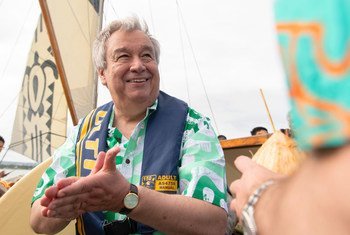 Off the coast of Fiji last May, the frontline of "the battle against climate change", Secretary-General António Guterres takes a tour on an eco-friendly, solar powered sail boat that teaches conservation as well as climate-related issues.