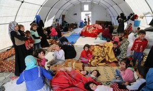 Families fleeing hostilities near Kafr Lusein, in the Syrian Arab Republic, shelter in group tents provided by the Turkish Red Crescent. (9 May 2019)