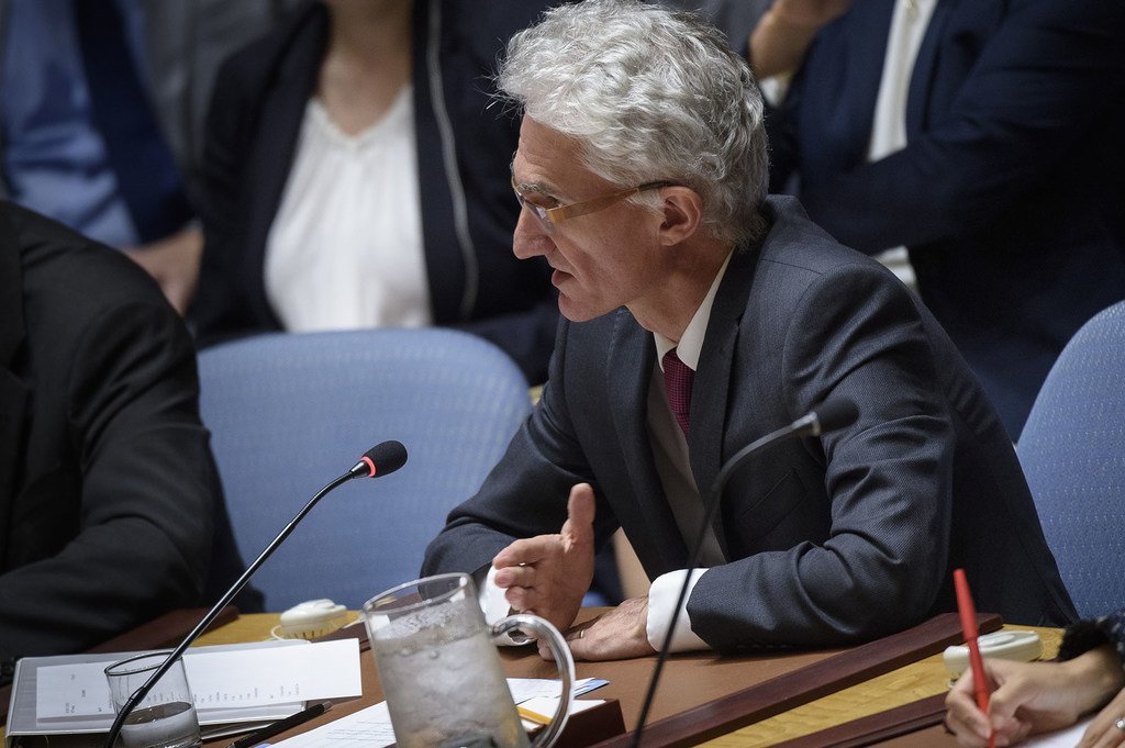 Mark Lowcock, Secrétaire général adjoint aux affaires humanitaires, devant le Conseil de sécurité en mai 2019.