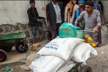 أحد المستفيدين من المساعدات يدفع عربة محملة بالحصص الغذائية في نقطة توزيع مواد الإغاثة في العاصمة اليمنية صنعاء. 3 فبراير/شباط 2019.